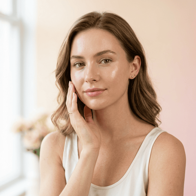 Beautiful woman with glowing clear skin - skincare routine