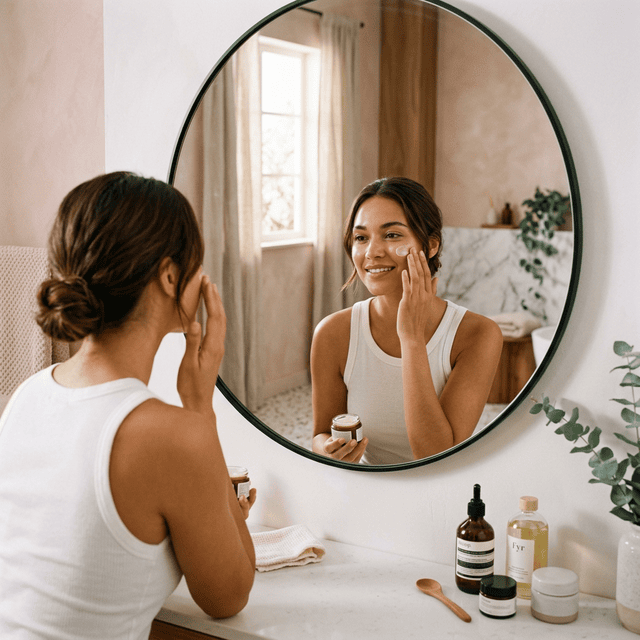 Woman applying skincare in front of mirror