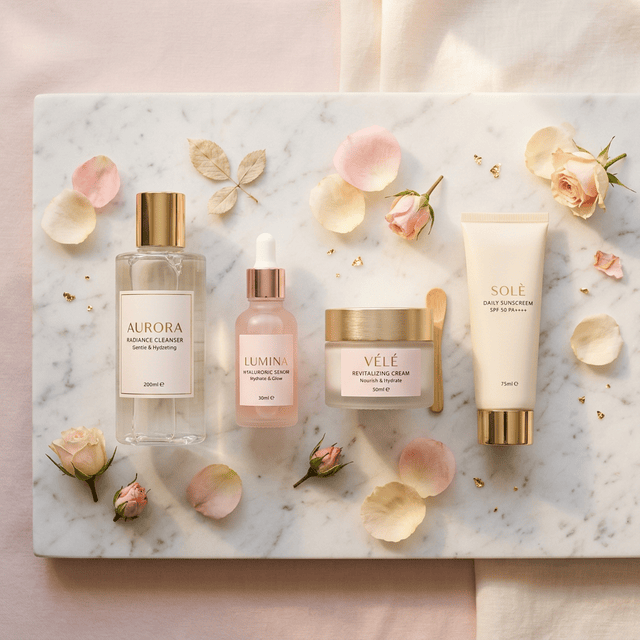 Skincare morning routine products flat lay